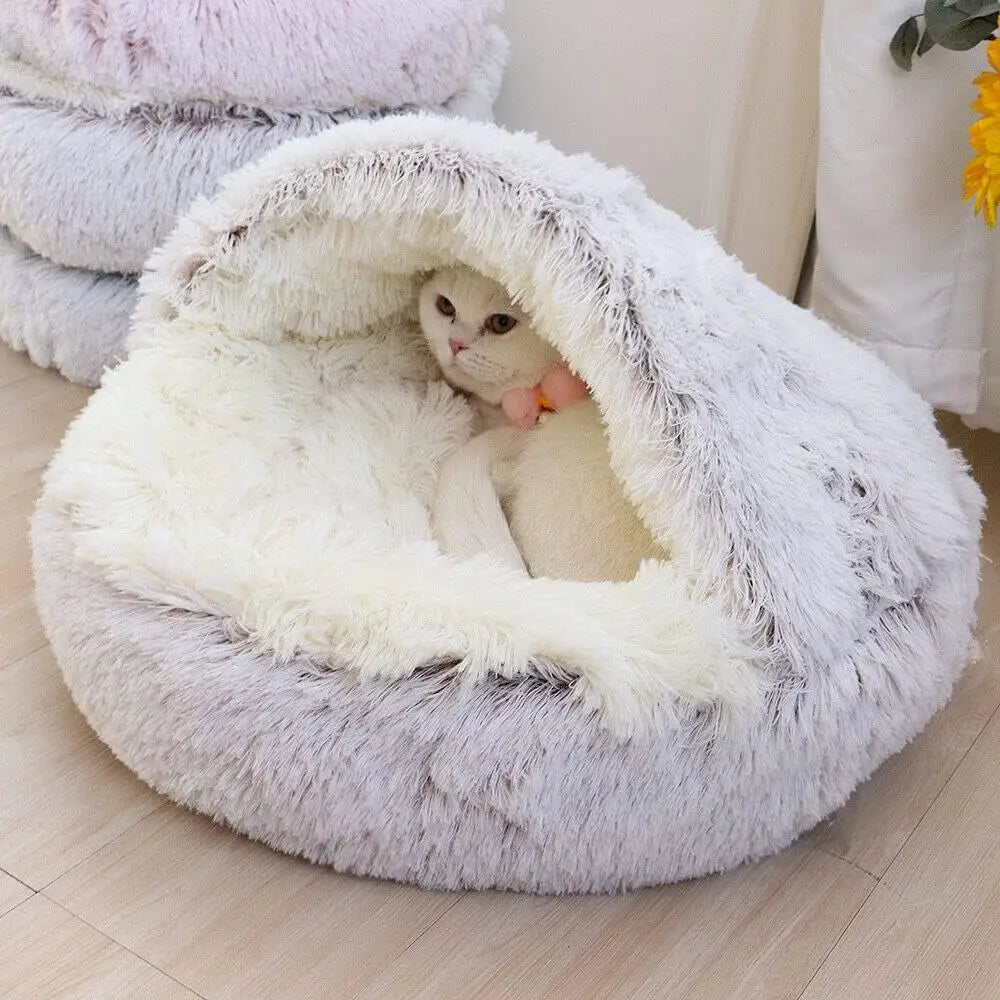 Soft Plush Pet Bed with Cover round Cat Bed Pet Mattress Warm Cat Dog 2 in 1 Sleeping Nest Cave for Small Dogs E4U