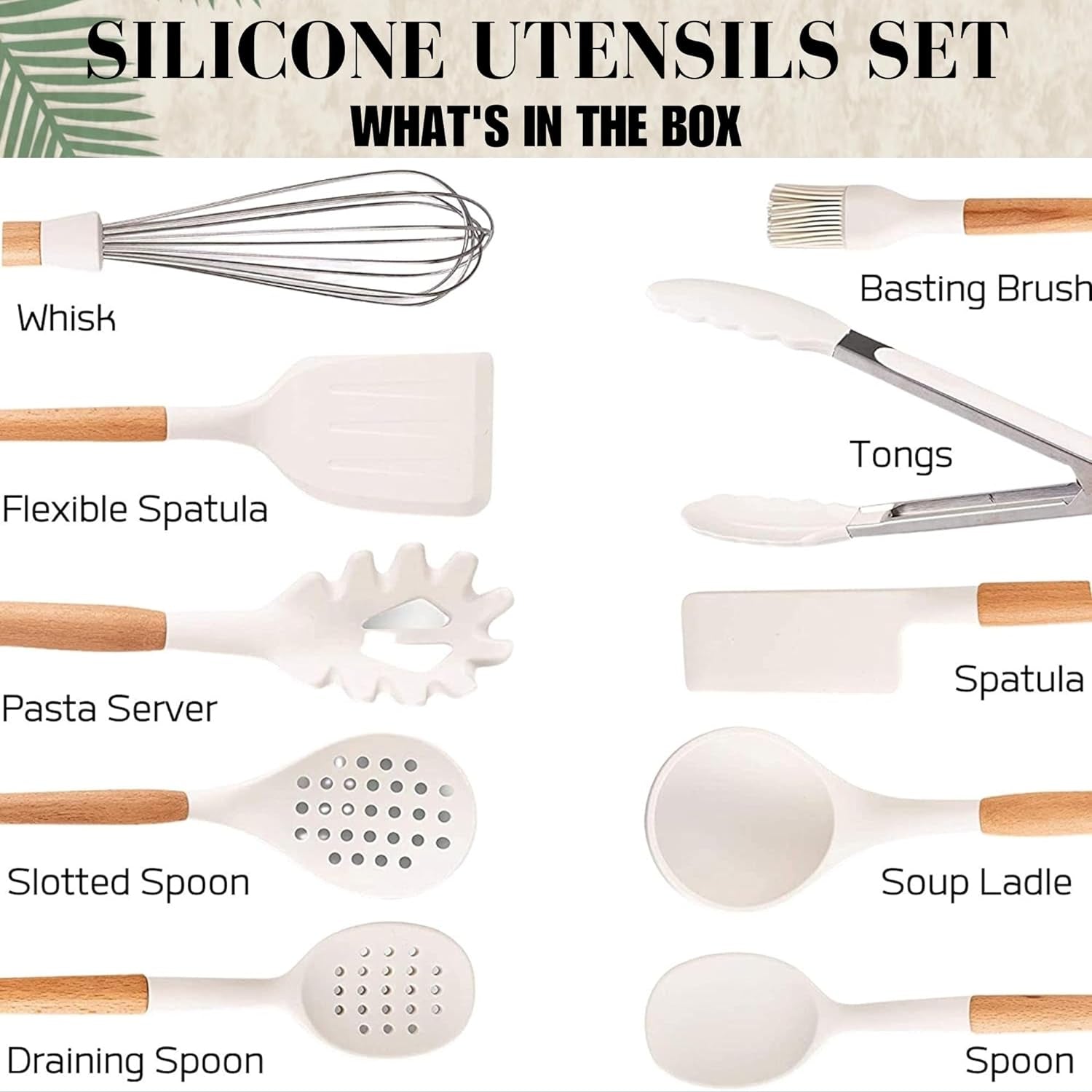 Silicone Kitchen Utensils Set with Holder – 11 Pcs Wooden Cooking Utensils Set Kitchen Gadgets - Heat Resistant Utensil Sets for Cookware & Baking Home Kitchen Accessories (BPA Free) - White E4U