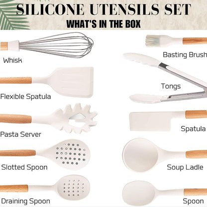 Silicone Kitchen Utensils Set with Holder – 11 Pcs Wooden Cooking Utensils Set Kitchen Gadgets - Heat Resistant Utensil Sets for Cookware & Baking Home Kitchen Accessories (BPA Free) - White E4U