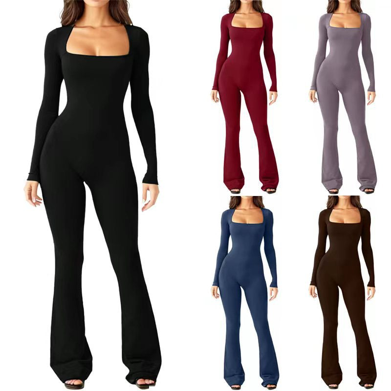 Women Long Sleeve Belly Waist Shaping and Hip Lift Square Collar Wide Leg High Elastic Jumpsuit E4U