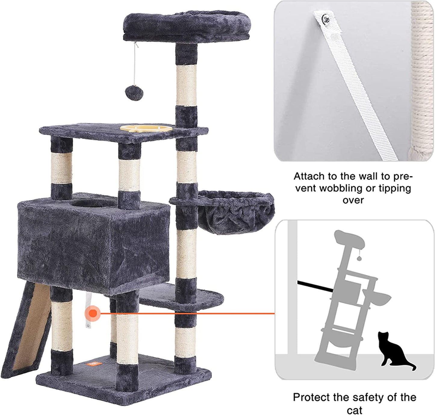 Cat Tree, Cat Tower for Indoor Cats with Scratching Board, Multi-Level Cat Furniture Condo with Feeding Bowl Smoky Gray HCT010G E4U