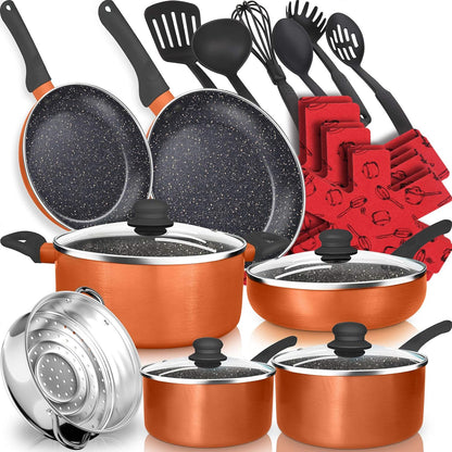 Non-Stick Coating, Cookware Pots and Pans Set, Frying Pan, Skillet, Stock Pot, Sauce Pan, Deep Frying, Casserole Pan, Stainless Steel Steamer (23 Piece Copper / Marble) E4U