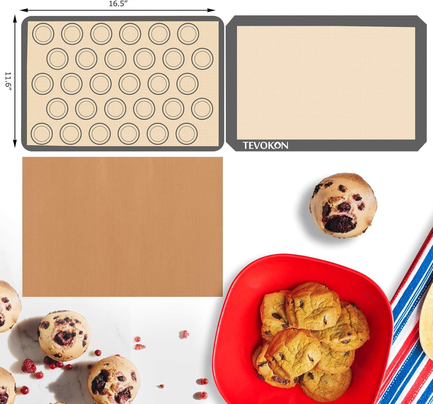 Silicone Baking Mat Set Non-Stick Half Sheet Pastry Mat (16.5" X 11.6") Reusable for Macaron Cookie Pie Making with 4 Pack Nonstick Teflon Sheet Oven Liner (16.5" X 11.6") E4U E4U