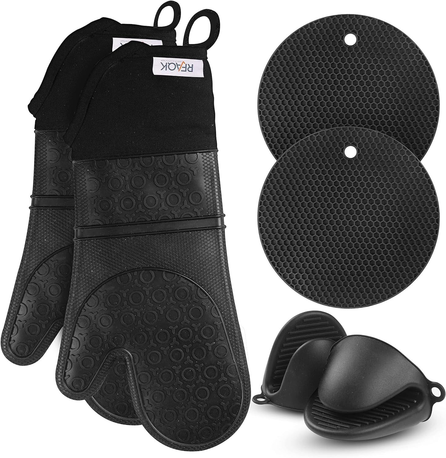 Oven Mitts and Pot Holders Sets- Extra Long Silicone Oven Mitts, Oven Mitts Heat Resistant with Quilted Soft Liner and Mini Oven Mittens Sets for Kitchen, Baking, Grill and BBQ (Black) E4U E4U