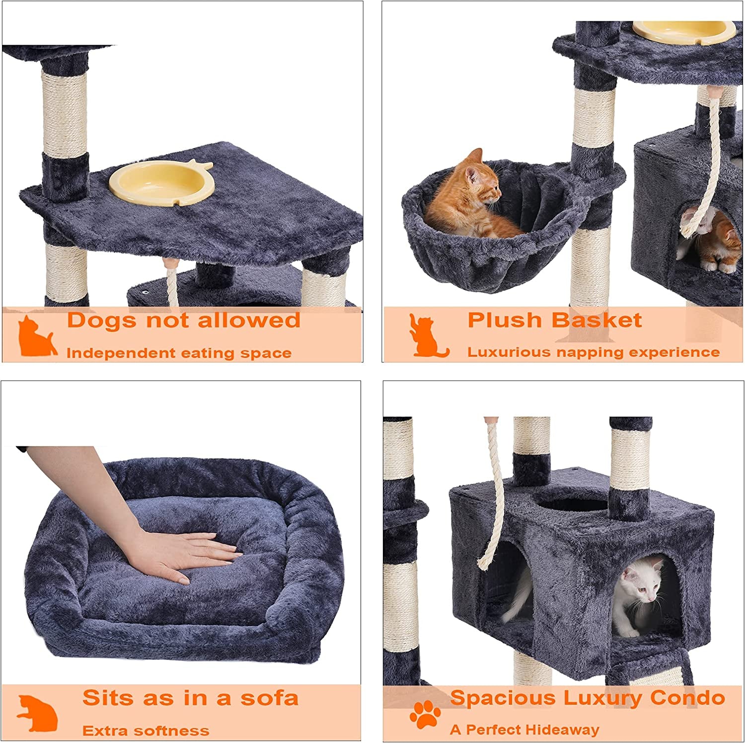 Cat Tree, Cat Tower for Indoor Cats with Scratching Board, Multi-Level Cat Furniture Condo with Feeding Bowl Smoky Gray HCT010G E4U