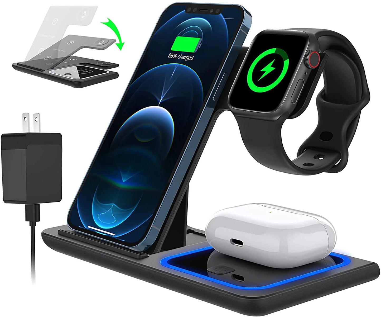 Wireless Charger, 18W Fast Iphone Charging Station for Iphone 16/15/14/13/12 /11/Pro Max/Plus, 3 in 1 Wireless Charging Stand for Iwatch Series SE 10/9/8/7/6/5/4/3, Airpods Pro/3/2 (W/ QC3.0 Adapter) E4U