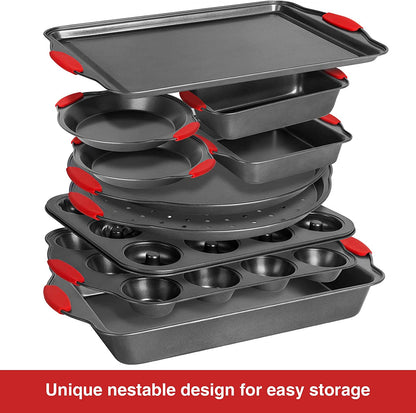 10 Pcs Bakeware Sets, Nonstick Baking Set with Baking Pan, Cookie Sheet Pizza Pan, 5-Layer Thicken Carbon Steel Baking Sheets Set with Silicone Handles, Oven Safe up to 450°F & Dishwasher Safe E4U E4U