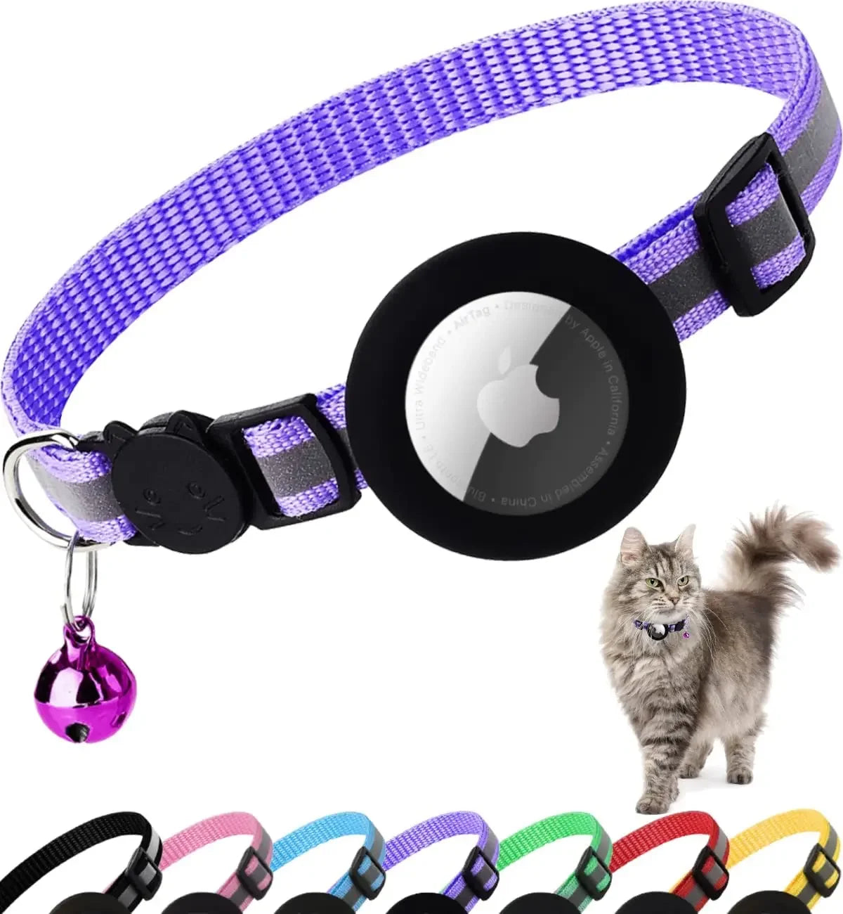 ATUBAN Airtag Cat Collar Breakaway, Reflective Kitten Collar with Apple Air Tag Holder and Bell for Girl Boy Cats, 0.4 Inches E4U