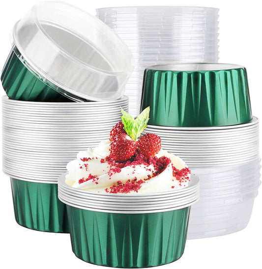 Aluminum Foil Cups, 5 Oz 50Pcs Baking Cups with Lids, 3.34"X2.59"X2.35" Snacks Desserts Flan, Cupcake Pie Ramekin, Recyclable Catering Wedding Party Favor Baking Cups-Emerald Green E4U E4U