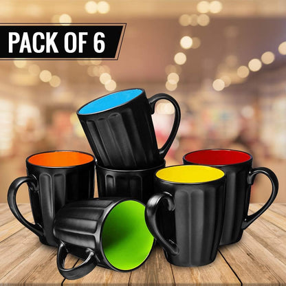 16Oz Matte Black Coffee Mugs Set of 6, Large Size Ceramic Espresso Cups, 16 Ounce Coffee Mugs, Black Coffee, Multicolor Inside E4U