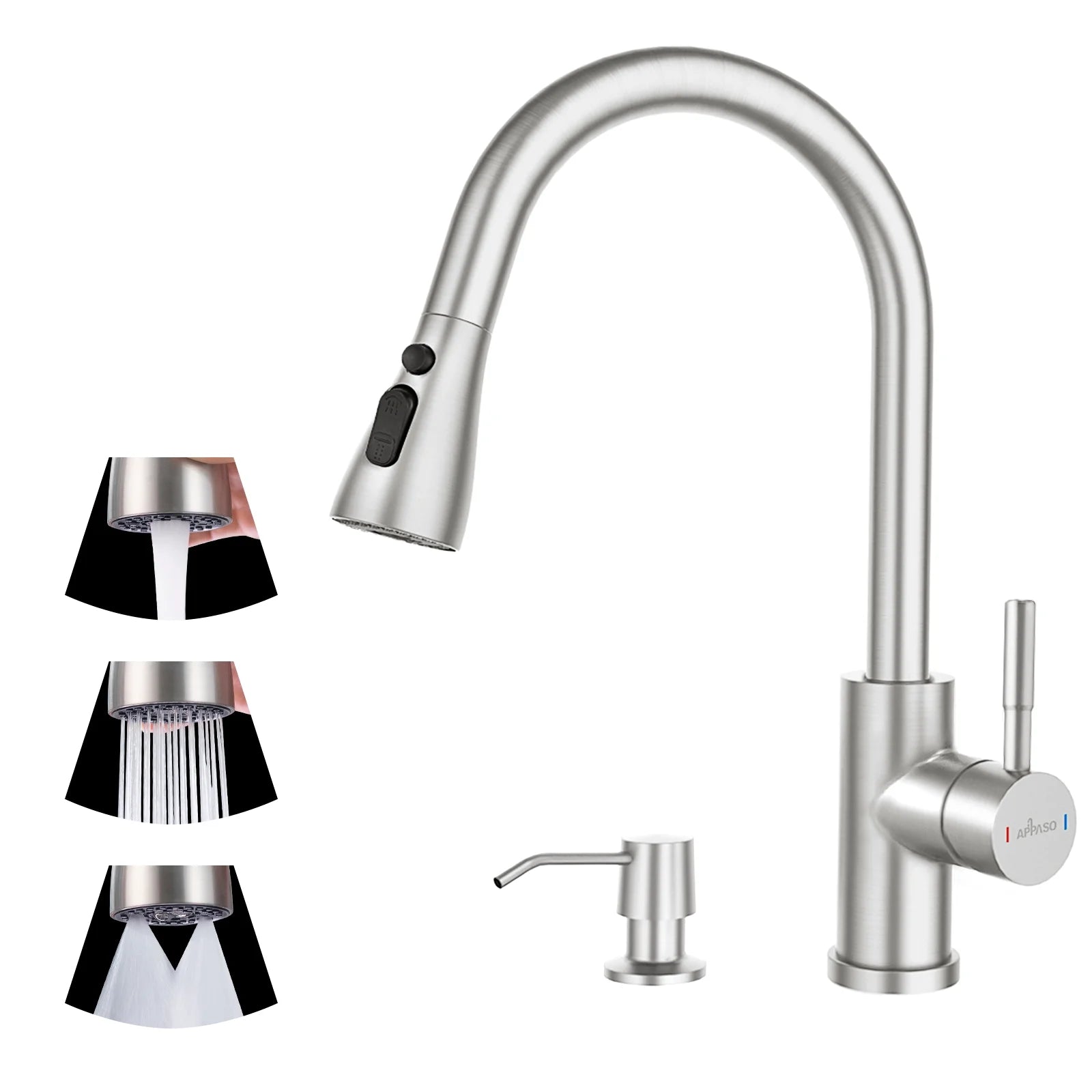 Stainless Steel Kitchen Sink Faucet with Pull down 3 Modes Sprayer, Brushed Nickel Modern Faucet Kitchen with Sprayer, High Arch Faucet for 1 or 2 Hole Sink, APS3001-BN E4U