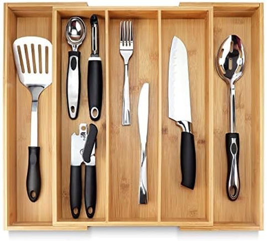 Silverware Tray for Drawer Organizer,Kitchen Drawer Organizer,Cutlery Organizer in Drawer, Flatware Silverware Holder, Expandable Adjustable Wooden Dividers (5-Slots) E4U