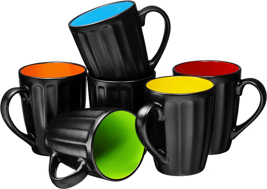 16Oz Matte Black Coffee Mugs Set of 6, Large Size Ceramic Espresso Cups, 16 Ounce Coffee Mugs, Black Coffee, Multicolor Inside E4U