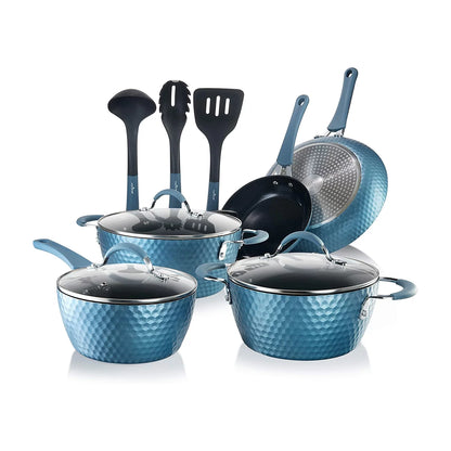 11 Piece Nonstick Diamond Pattern Kitchen Cookware Set, Royal Blue E4U