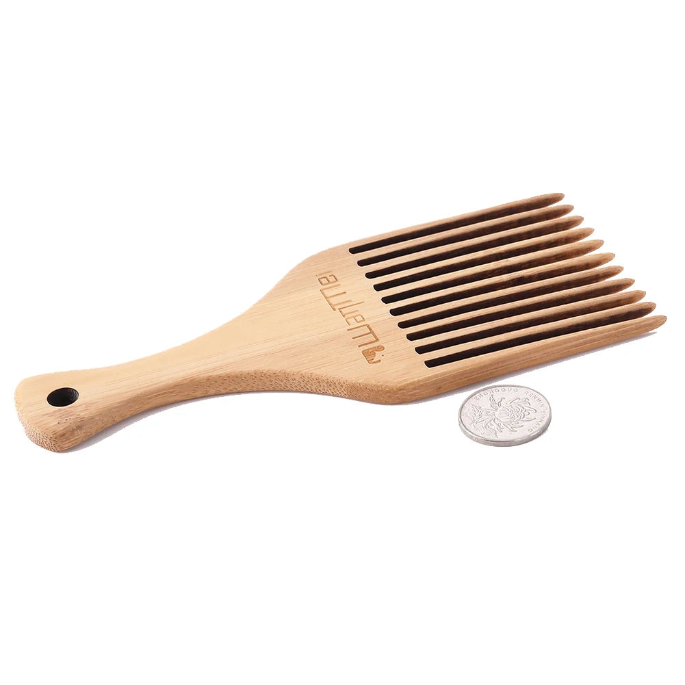 Wooden Bamboo Afro Comb Wide Teeth Fork Comb Professional Anti-Static Hair Salon Styling Comb Detangling Wet Dry Hair Brush E4U