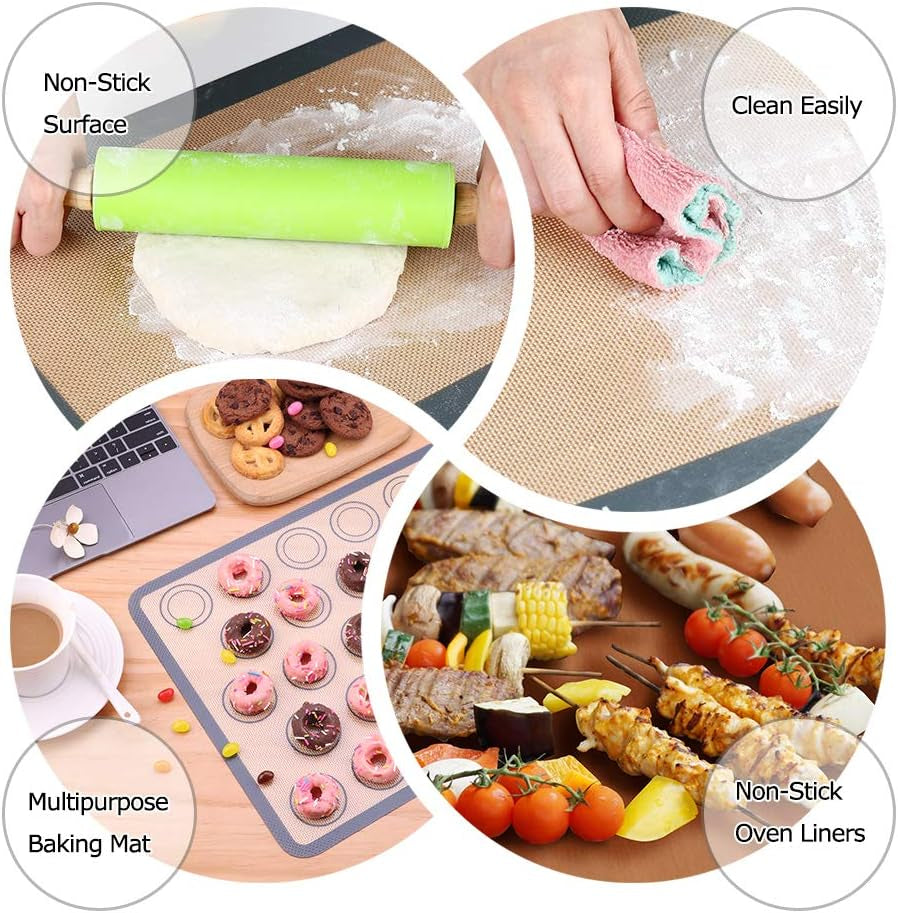 Silicone Baking Mat Set Non-Stick Half Sheet Pastry Mat (16.5" X 11.6") Reusable for Macaron Cookie Pie Making with 4 Pack Nonstick Teflon Sheet Oven Liner (16.5" X 11.6") E4U E4U