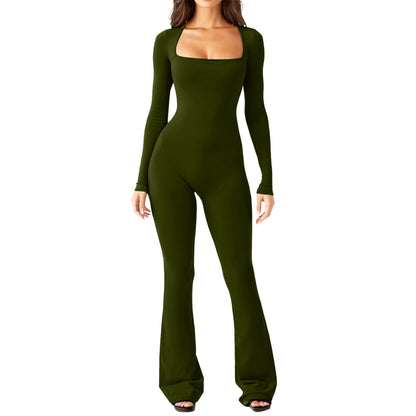 Women Long Sleeve Belly Waist Shaping and Hip Lift Square Collar Wide Leg High Elastic Jumpsuit E4U