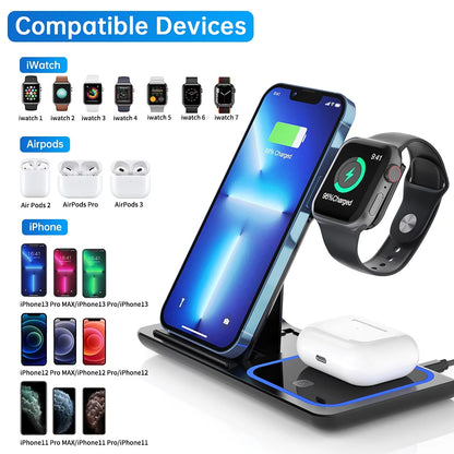 Wireless Charger, 18W Fast Iphone Charging Station for Iphone 16/15/14/13/12 /11/Pro Max/Plus, 3 in 1 Wireless Charging Stand for Iwatch Series SE 10/9/8/7/6/5/4/3, Airpods Pro/3/2 (W/ QC3.0 Adapter) E4U