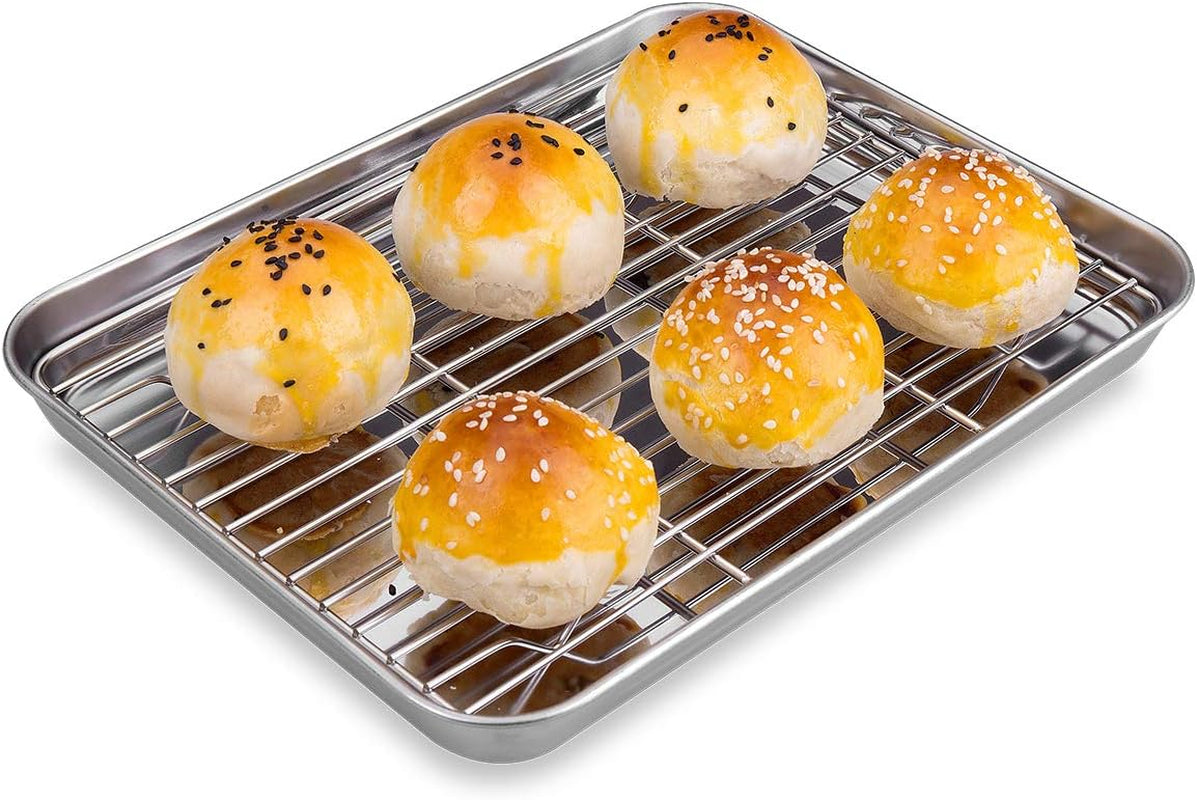 Toaster Oven Tray and Rack Set,  Small Stainless Steel Baking Pan with Cooling Rack,9 X 7 X 1 Inch,Dishwasher Safe Baking Sheet, Anti-Rust, Sturdy & Heavy. E4U E4U